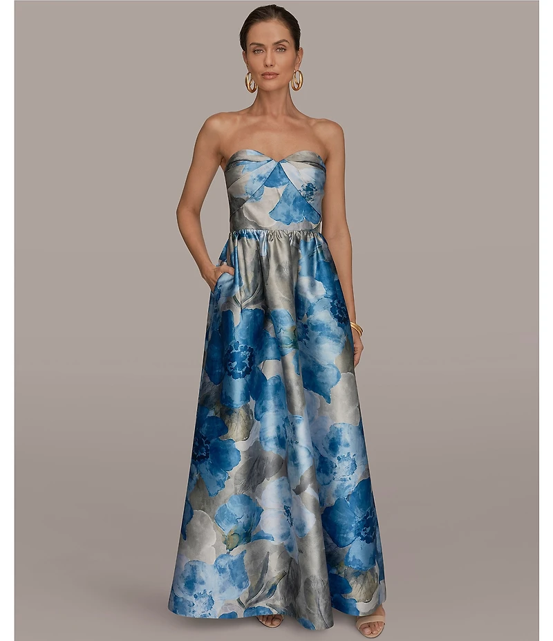 Donna Karan Floral Print Mikado Strapless Sweetheart Neck Sleeveless Ball Gown