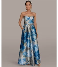 Donna Karan Floral Print Mikado Strapless Sweetheart Neck Sleeveless Ball Gown