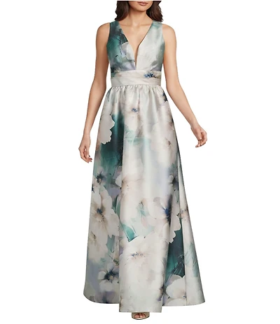 Donna Karan Floral Print Mikado V-Neck Sleeveless Gown