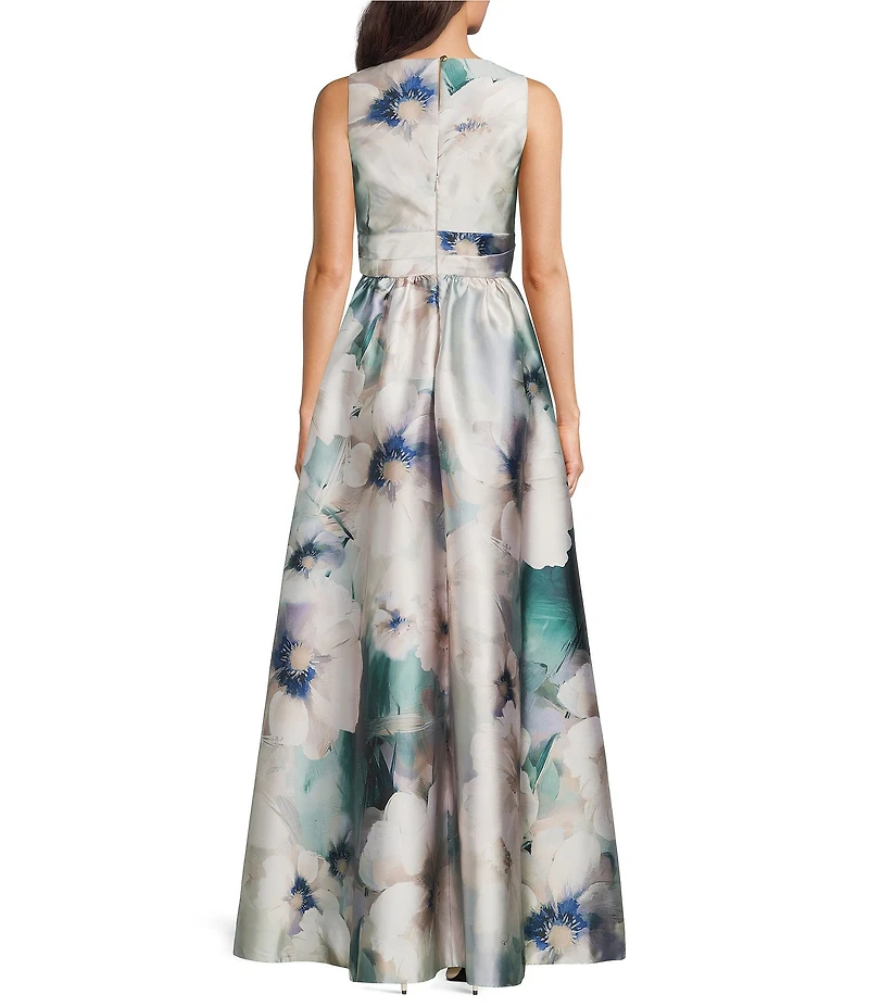Donna Karan Floral Print Mikado V-Neck Sleeveless Gown