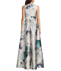 Donna Karan Floral Print Mikado V-Neck Sleeveless Gown