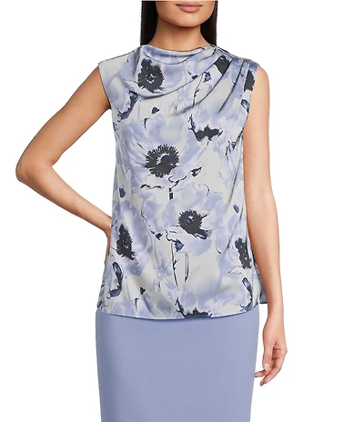 Donna Karan Floral Print Mock Neck Sleeveless Gathered Shoulder Blouse