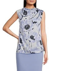 Donna Karan Floral Print Mock Neck Sleeveless Gathered Shoulder Blouse