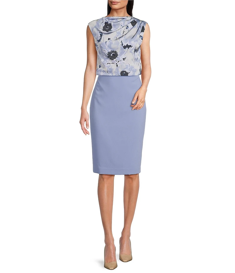 Donna Karan Floral Print Mock Neck Sleeveless Gathered Shoulder Blouse