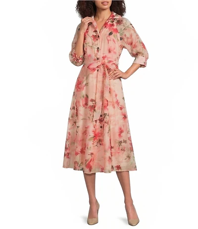 Donna Karan Floral Print Organza Button Down Midi Dress