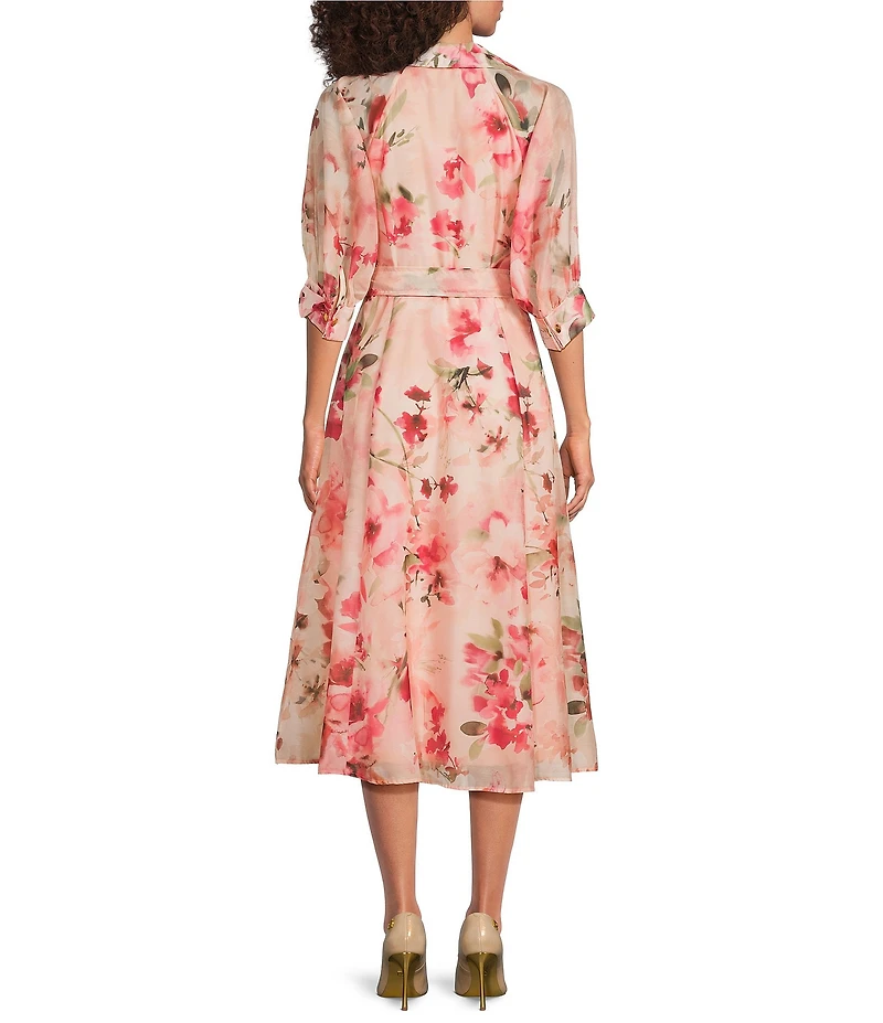 Donna Karan Floral Print Organza Button Down Midi Dress