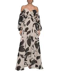 Donna Karan Floral Print Organza Sweetheart Neck Off The Shoulder 3/4 Sleeve A-Line Dress