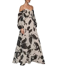 Donna Karan Floral Print Organza Sweetheart Neck Off The Shoulder 3/4 Sleeve A-Line Dress