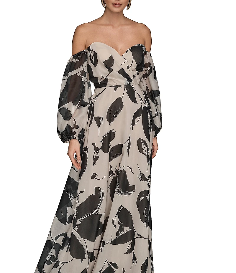 Donna Karan Floral Print Organza Sweetheart Neck Off The Shoulder 3/4 Sleeve A-Line Dress
