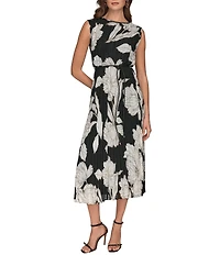 Donna Karan Floral Print Pleated Chiffon Round Neck Cap Sleeve Belted Midi Dress