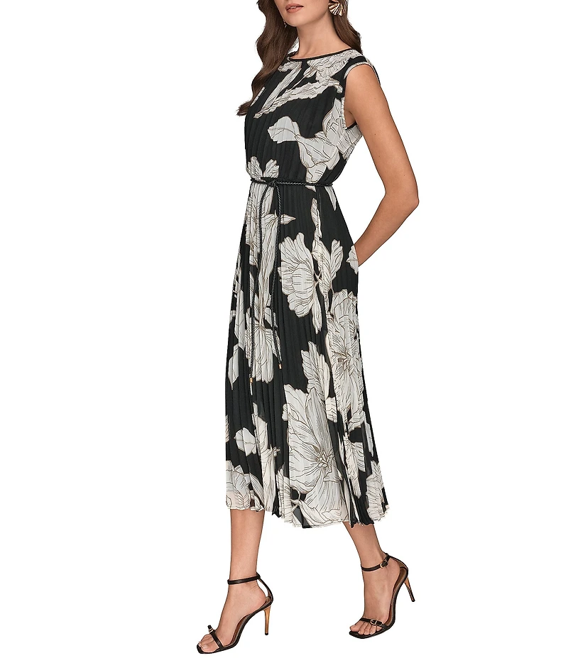 Donna Karan Floral Print Pleated Chiffon Round Neck Cap Sleeve Belted Midi Dress