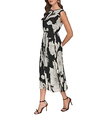 Donna Karan Floral Print Pleated Chiffon Round Neck Cap Sleeve Belted Midi Dress