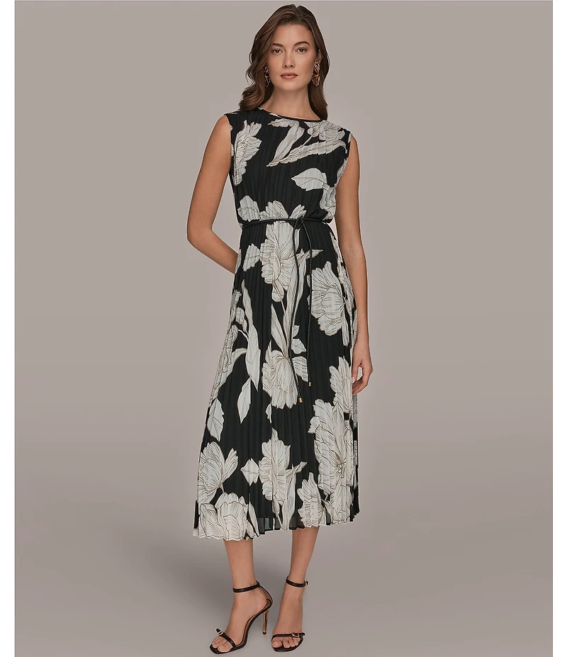 Donna Karan Floral Print Pleated Chiffon Round Neck Cap Sleeve Belted Midi Dress