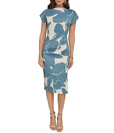 Donna Karan Floral Print Scuba Cowl Neck Short Sleeve Midi Dress