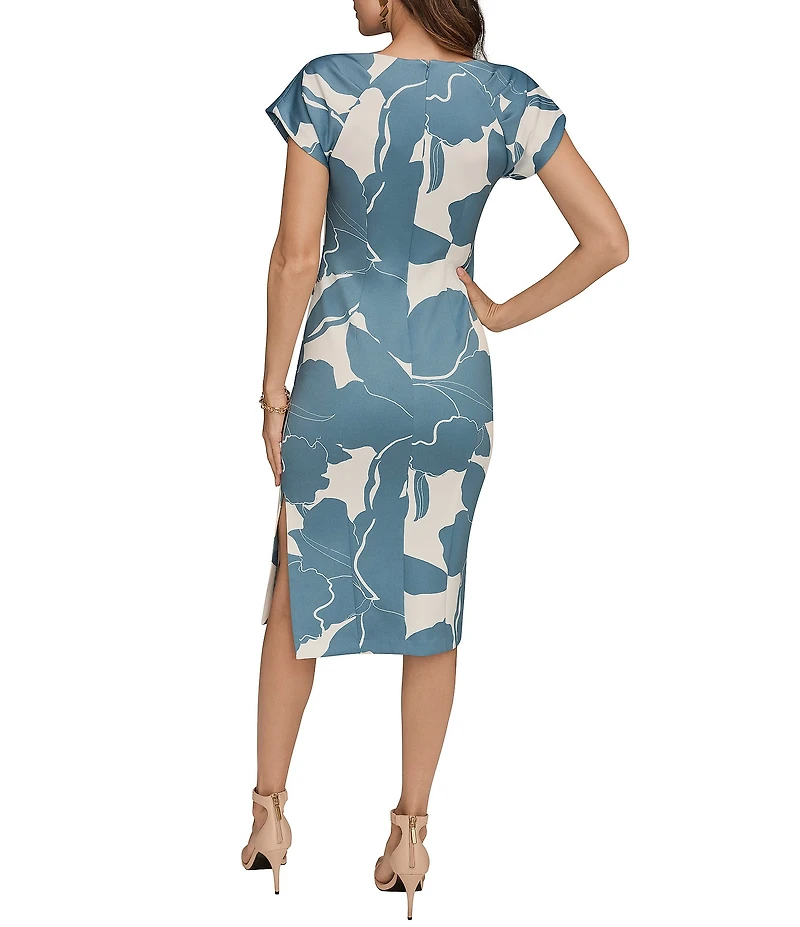 Donna Karan Floral Print Scuba Cowl Neck Short Sleeve Midi Dress