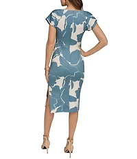 Donna Karan Floral Print Scuba Cowl Neck Short Sleeve Midi Dress