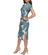 Donna Karan Floral Print Scuba Cowl Neck Short Sleeve Midi Dress