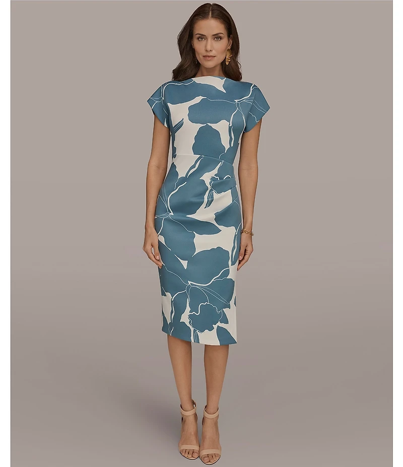 Donna Karan Floral Print Scuba Cowl Neck Short Sleeve Midi Dress