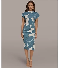 Donna Karan Floral Print Scuba Cowl Neck Short Sleeve Midi Dress