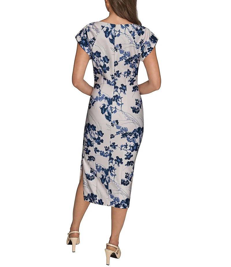 Donna Karan Floral Print Scuba Round Neck Short Sleeve Sheath Midi Dress