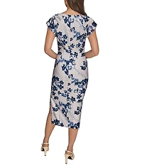 Donna Karan Floral Print Scuba Round Neck Short Sleeve Sheath Midi Dress