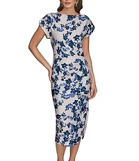 Donna Karan Floral Print Scuba Round Neck Short Sleeve Sheath Midi Dress