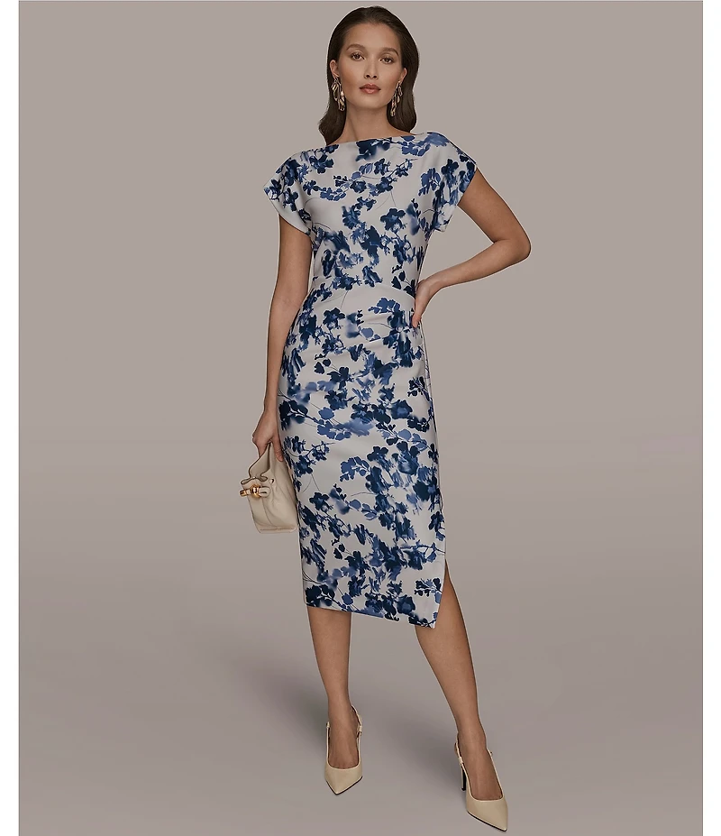 Donna Karan Floral Print Scuba Round Neck Short Sleeve Sheath Midi Dress