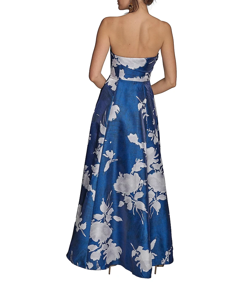 Donna Karan Floral Print Shimmer Mikado Strapless Asymmetrical Neck Gown