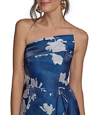 Donna Karan Floral Print Shimmer Mikado Strapless Asymmetrical Neck Gown