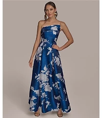 Donna Karan Floral Print Shimmer Mikado Strapless Asymmetrical Neck Gown