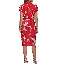 Donna Karan Floral Print Short Sleeve Crepe Shirt Dress