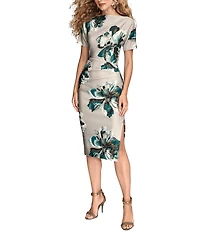 Donna Karan Floral Print Short Sleeve Scuba Midi Dress