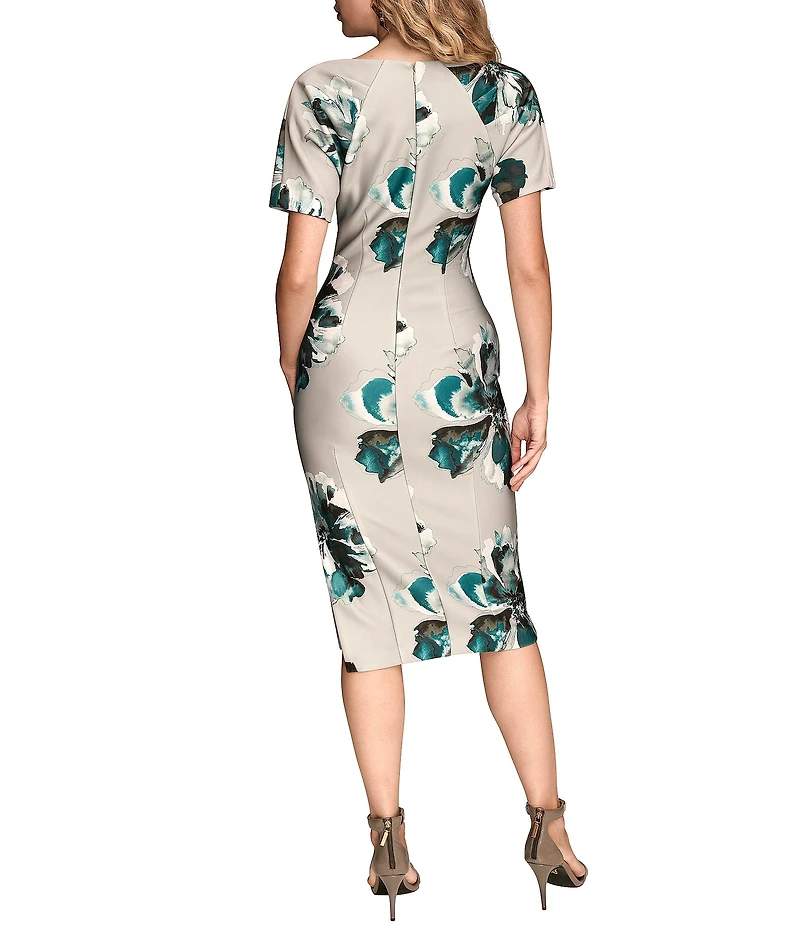 Donna Karan Floral Print Short Sleeve Scuba Midi Dress