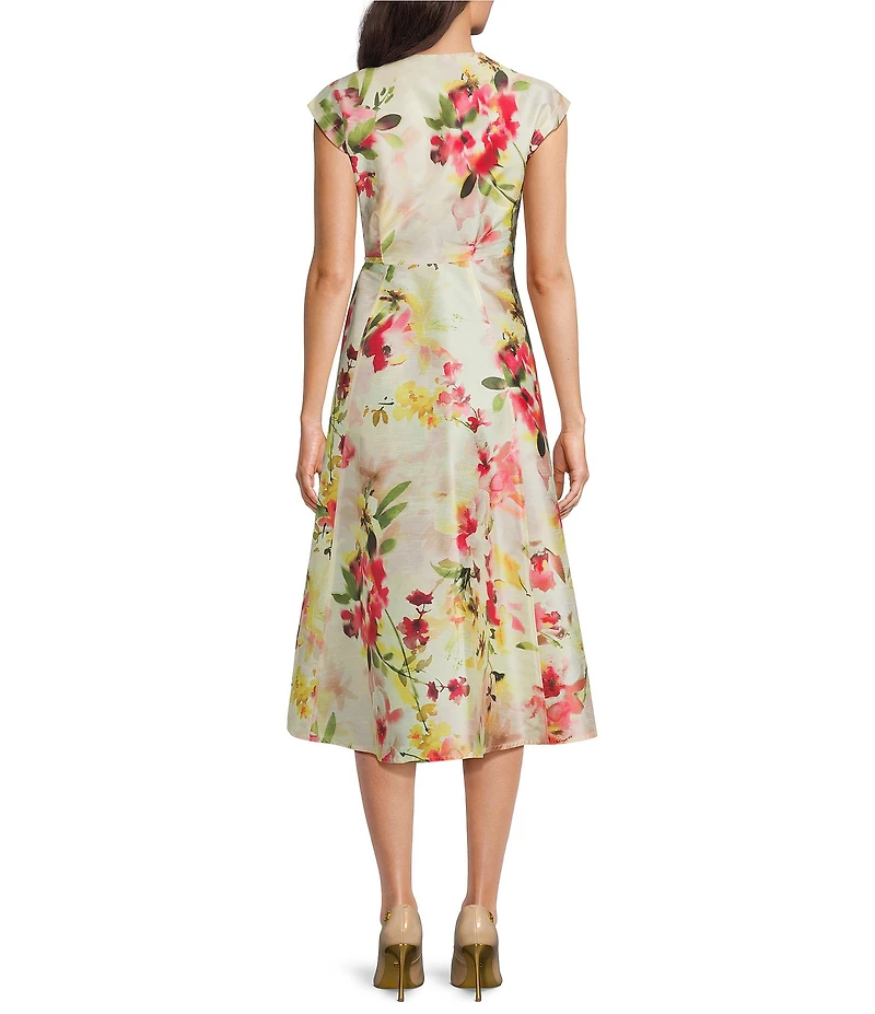 Donna Karan Floral Print Surplice Neck Dupioni Midi Dress