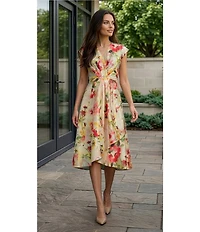 Donna Karan Floral Print Surplice Neck Dupioni Midi Dress