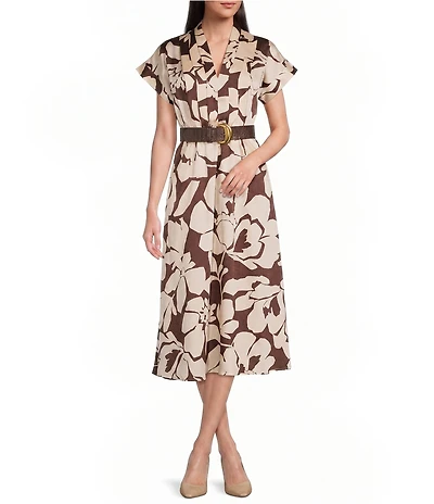 Donna Karan Floral Print Twill Short Sleeve V-Neck Midi Dress