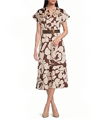 Donna Karan Floral Print Twill Short Sleeve V-Neck Midi Dress