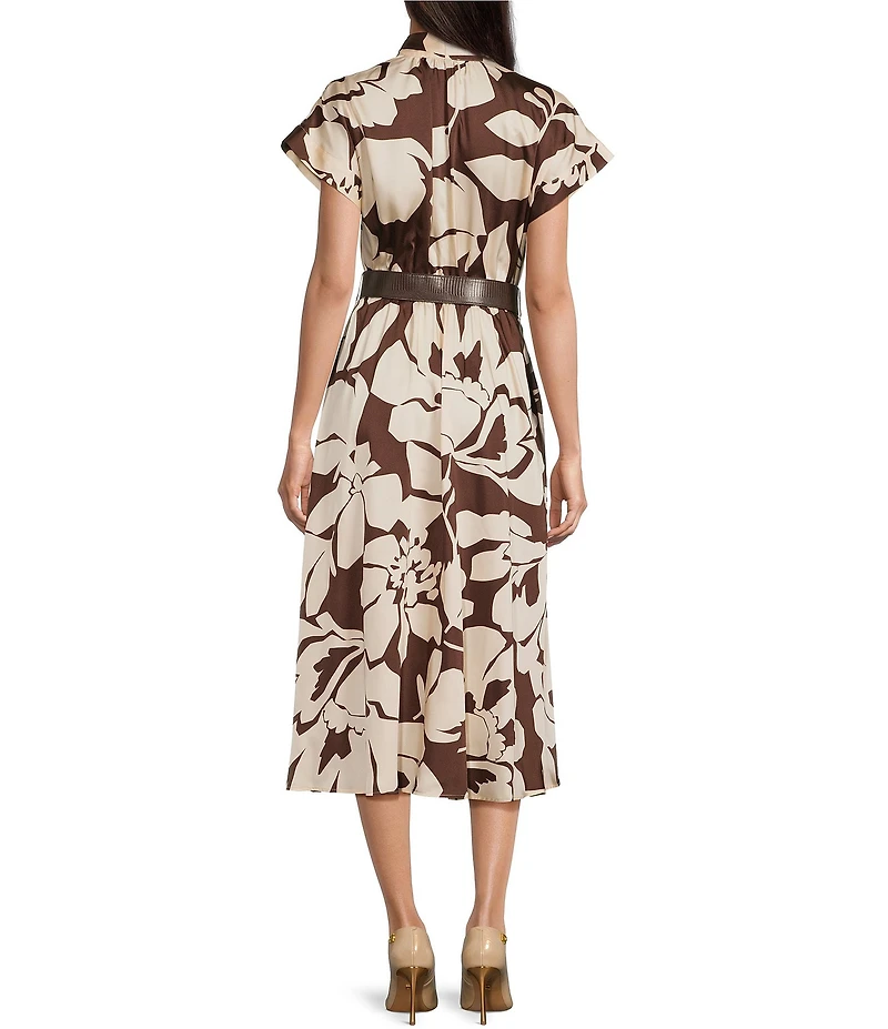 Donna Karan Floral Print Twill Short Sleeve V-Neck Midi Dress