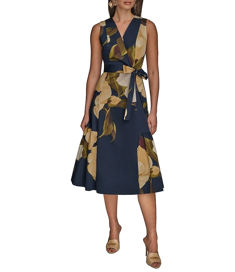 Donna Karan Floral Print V-Neck A-Line Midi Dress