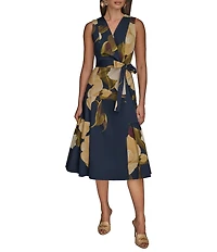 Donna Karan Floral Print V-Neck A-Line Midi Dress