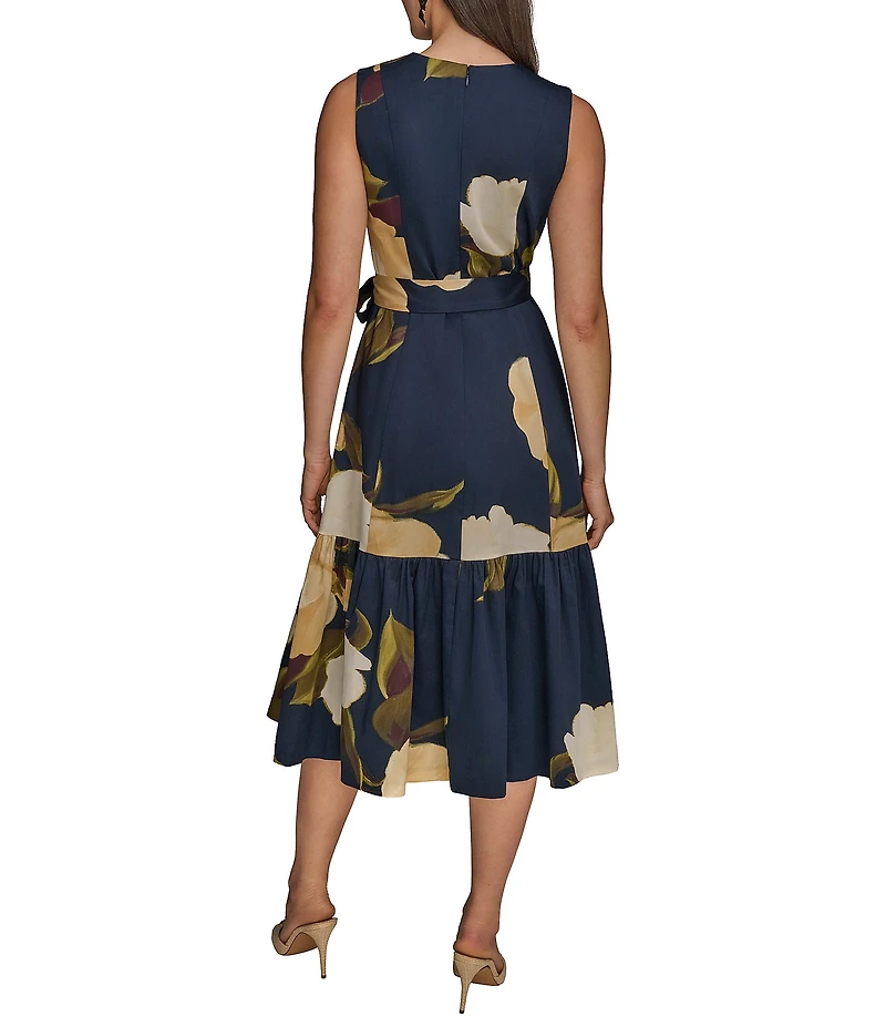 Donna Karan Floral Print V-Neck A-Line Midi Dress