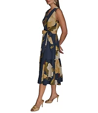 Donna Karan Floral Print V-Neck A-Line Midi Dress