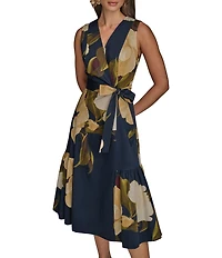 Donna Karan Floral Print V-Neck A-Line Midi Dress