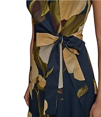 Donna Karan Floral Print V-Neck A-Line Midi Dress