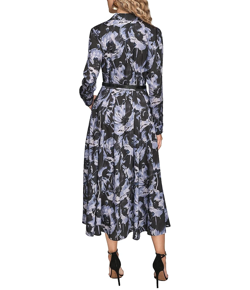 Donna Karan Floral Printed Twill Notch Collar Long Sleeve Belted Midi Shirt Dress