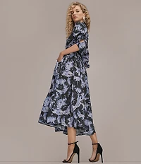 Donna Karan Floral Printed Twill Notch Collar Long Sleeve Belted Midi Shirt Dress