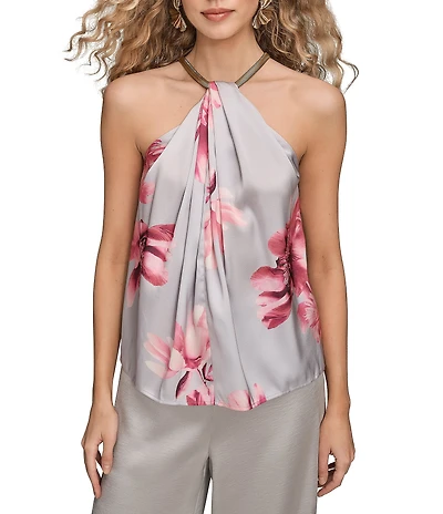 Donna Karan Floral Satin Back Crepe Hardware Halter Neck Top