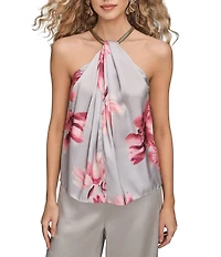 Donna Karan Floral Satin Back Crepe Hardware Halter Neck Top