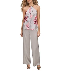 Donna Karan Floral Satin Back Crepe Hardware Halter Neck Top