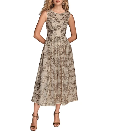 Donna Karan Floral Sequin Embroidery Crew Neckline Sleeveless Pleated A-Line Midi Dress